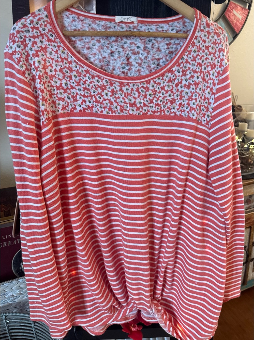 ODDY Coral and White Striped Long-Sleeve Top with Floral Yoke